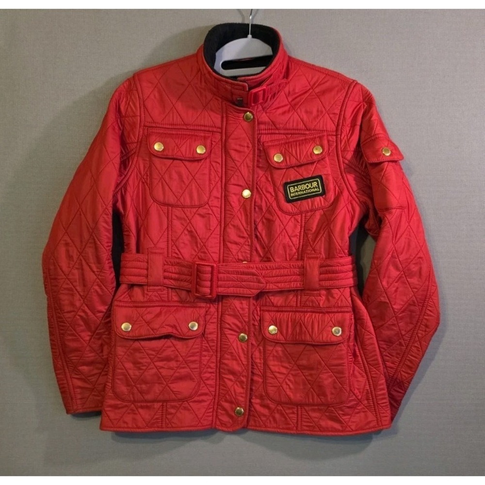 Barbour International Polarquilt Women's L Red Quilted Belted Moto Jacket